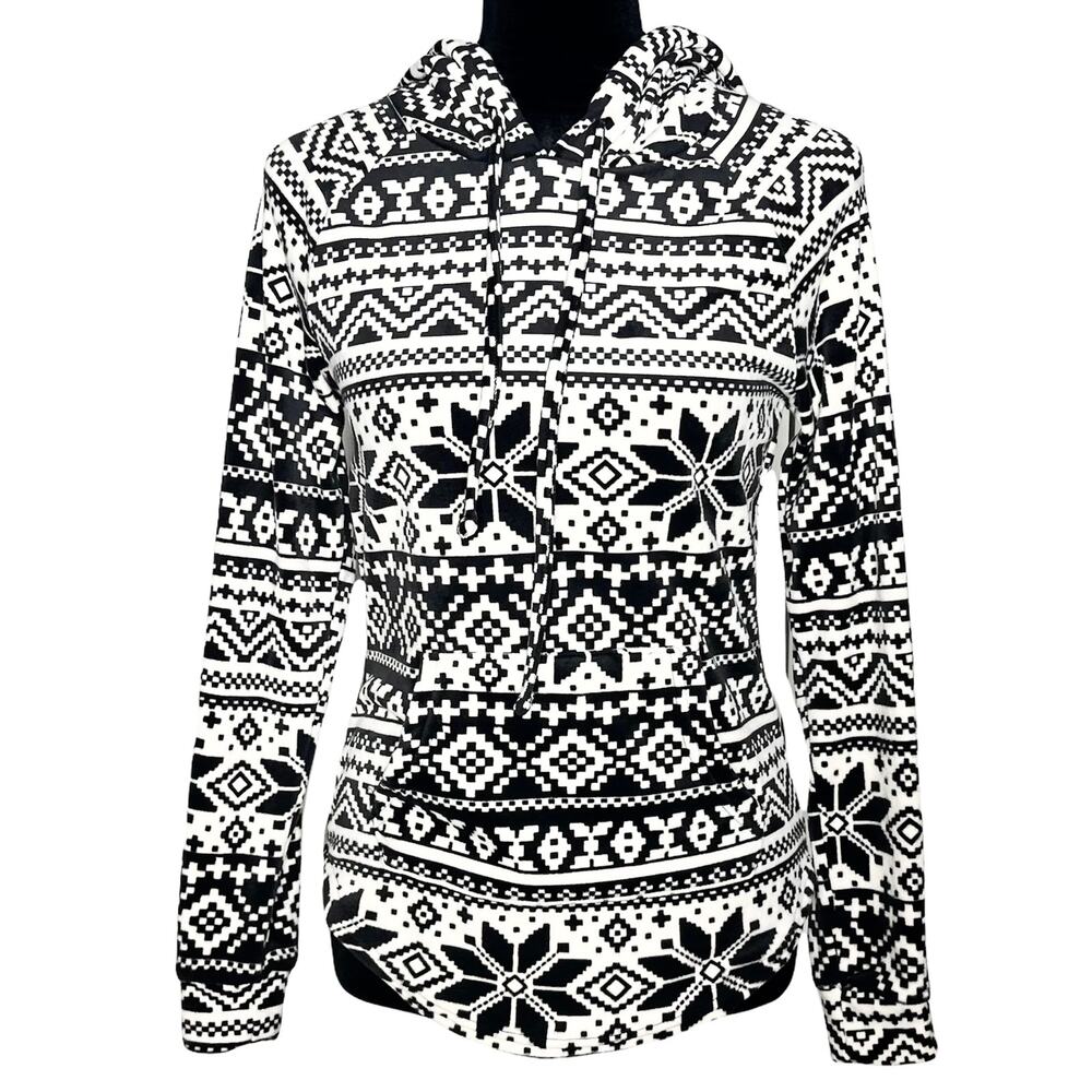 NO BOUNDARIES Black White Fair Isle Nordic Hoodie Junior's Small